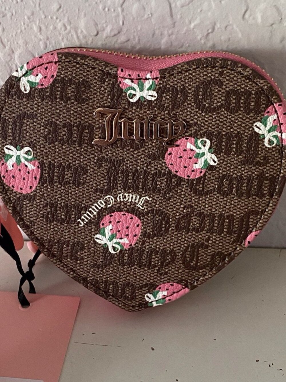 Juicy Couture Berry Sweet Coin Purse Wristlet Chestnut Chino Pink Lemonade NEW - Picture 4 of 10